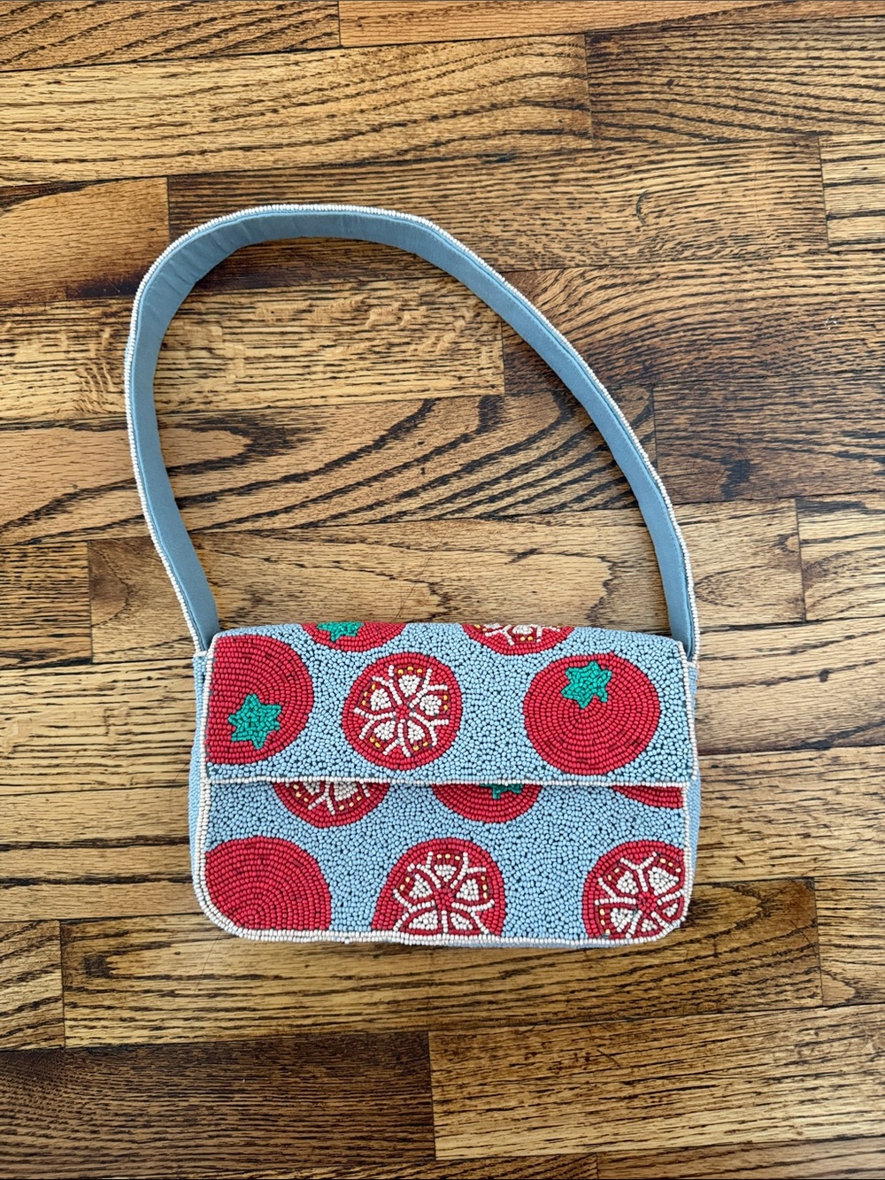 Anthropologie Light Blue Beaded Shoulder Bag with Red Motif